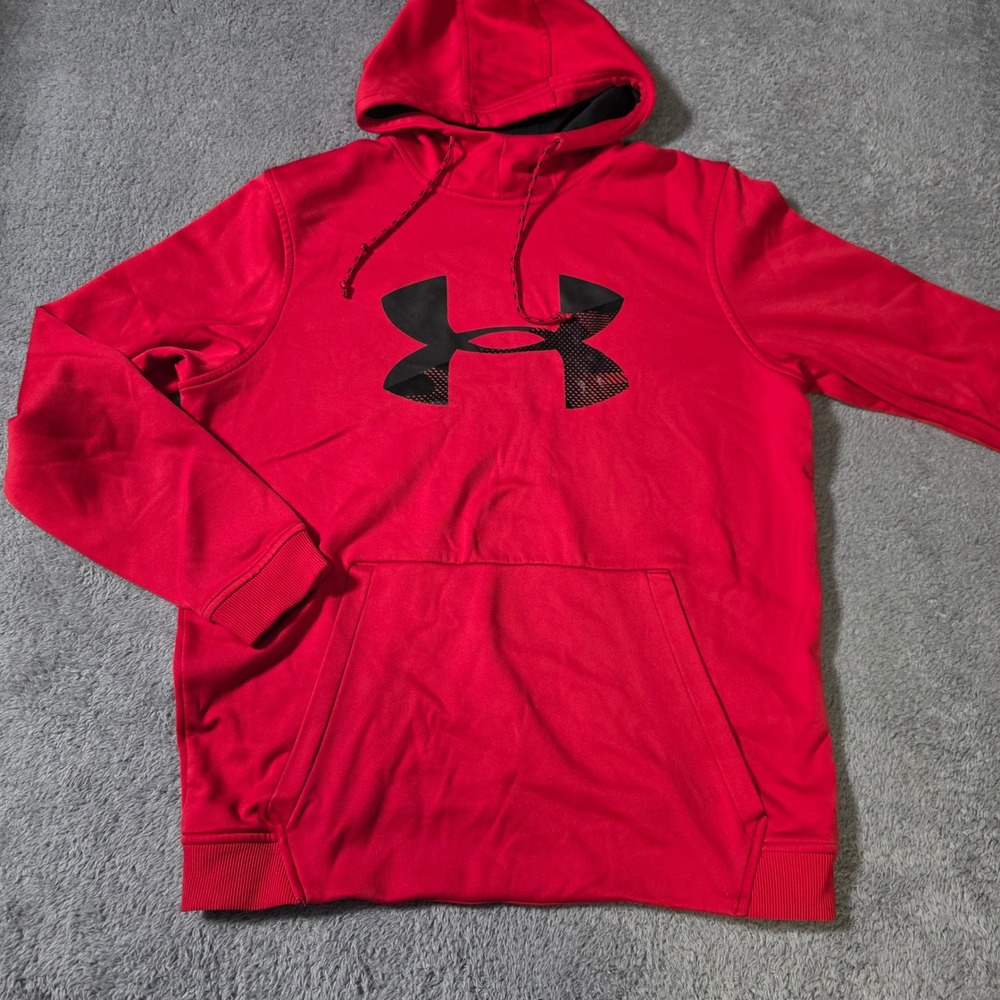 Under Armour Mens Medium Hoodie Red Big Logo ColdGear Pullover Fleece 3130